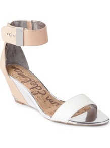 Sophie Wedge Sandals - predominant colour: white; secondary colour: nude; occasions: evening, holiday; material: leather; heel height: mid; embellishment: buckles; ankle detail: ankle strap; heel: wedge; toe: open toe/peeptoe; style: standard; finish: plain; pattern: plain