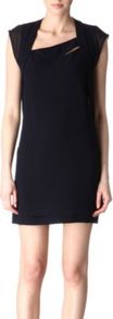 Chiffon Sleeve Dress - style: shift; length: mini; sleeve style: capped; pattern: plain; neckline: asymmetric; predominant colour: black; occasions: casual, evening; fit: body skimming; sleeve length: sleeveless; texture group: crepes; pattern type: fabric; fibres: viscose/rayon - mix