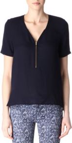 Silk Zipped Top - neckline: v-neck; pattern: plain; bust detail: buttons at bust (in middle at breastbone)/zip detail at bust; predominant colour: black; occasions: casual, evening, work; length: standard; style: top; fibres: silk - 100%; fit: straight cut; sleeve length: short sleeve; sleeve style: standard; texture group: sheer fabrics/chiffon/organza etc.; pattern type: fabric