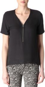 Silk Zipped Top - neckline: v-neck; pattern: plain; bust detail: buttons at bust (in middle at breastbone)/zip detail at bust; predominant colour: black; occasions: casual, evening, work; length: standard; style: top; fibres: silk - 100%; fit: straight cut; sleeve length: short sleeve; sleeve style: standard; texture group: sheer fabrics/chiffon/organza etc.; pattern type: fabric