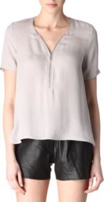 Silk Zipped Top - neckline: v-neck; pattern: plain; bust detail: buttons at bust (in middle at breastbone)/zip detail at bust; predominant colour: stone; occasions: evening; length: standard; style: top; fibres: silk - 100%; fit: straight cut; sleeve length: short sleeve; sleeve style: standard; texture group: sheer fabrics/chiffon/organza etc.; pattern type: fabric