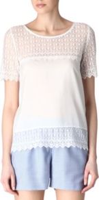 Embroidered Lace Top - neckline: v-neck; pattern: plain; predominant colour: white; occasions: casual, holiday; length: standard; style: top; fibres: silk - mix; fit: straight cut; sleeve length: short sleeve; sleeve style: standard; texture group: lace; pattern type: fabric; embellishment: lace