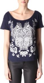 Printed T Shirt - style: t-shirt; secondary colour: white; predominant colour: navy; occasions: casual; length: standard; neckline: scoop; fibres: cotton - 100%; fit: loose; sleeve length: short sleeve; sleeve style: standard; pattern type: fabric; pattern size: big & busy; pattern: patterned/print; texture group: jersey - stretchy/drapey