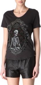 Skeleton T Shirt - neckline: round neck; style: t-shirt; secondary colour: white; predominant colour: black; occasions: casual; length: standard; fibres: cotton - 100%; fit: body skimming; bust detail: contrast pattern/fabric/detail at bust; sleeve length: short sleeve; sleeve style: standard; trends: statement prints; pattern type: fabric; pattern size: big & busy; pattern: patterned/print; texture group: jersey - stretchy/drapey