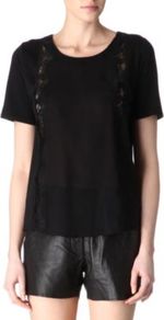 Lace T Shirt - neckline: round neck; pattern: plain; style: t-shirt; predominant colour: black; occasions: casual, evening; length: standard; fibres: cotton - 100%; fit: straight cut; bust detail: contrast pattern/fabric/detail at bust; sleeve length: short sleeve; sleeve style: standard; texture group: lace; pattern type: fabric; embellishment: lace