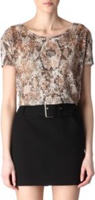 Snake Print Top - neckline: round neck; predominant colour: camel; occasions: casual, work; length: standard; style: top; fibres: cotton - mix; fit: straight cut; sleeve length: short sleeve; sleeve style: standard; texture group: sheer fabrics/chiffon/organza etc.; pattern type: fabric; pattern size: big & busy; pattern: animal print