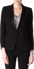 Satin Lapels Blazer - pattern: plain; style: single breasted blazer; collar: standard lapel/rever collar; predominant colour: black; occasions: evening, work, occasion; length: standard; fit: tailored/fitted; sleeve length: long sleeve; sleeve style: standard; texture group: crepes; trends: tuxedo; collar break: medium; pattern type: fabric; fibres: viscose/rayon - mix