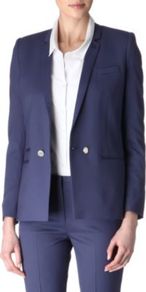 Wool Blazer - pattern: plain; style: single breasted blazer; collar: standard lapel/rever collar; predominant colour: navy; occasions: casual, evening, work; length: standard; fit: tailored/fitted; fibres: wool - stretch; sleeve length: long sleeve; sleeve style: standard; texture group: crepes; trends: tuxedo; collar break: medium; pattern type: fabric