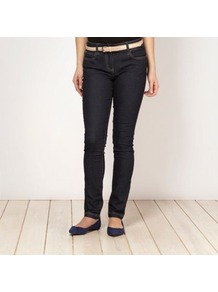 Designer Dark Blue Belted Skinny Jeans - style: skinny leg; length: standard; pattern: plain; pocket detail: traditional 5 pocket; waist: mid/regular rise; predominant colour: navy; occasions: casual; fibres: cotton - stretch; jeans detail: dark wash; texture group: denim; pattern type: fabric
