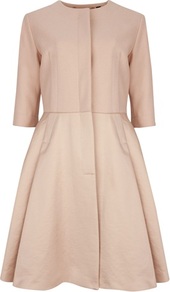 Ted Baker Kinaa Full Skirt Coat - pattern: plain; bust detail: added detail/embellishment at bust; collar: round collar/collarless; style: princess; length: on the knee; hip detail: flared at hip; predominant colour: blush; occasions: casual, evening, occasion; fit: tailored/fitted; fibres: wool - mix; waist detail: fitted waist; back detail: back vent/flap at back; sleeve length: half sleeve; sleeve style: standard; trends: volume; collar break: high; pattern type: fabric; texture group: woven bulky/heavy