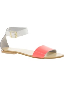 Flock Leather Flat Sandals - secondary colour: white; predominant colour: coral; occasions: casual, holiday; material: leather; heel height: flat; ankle detail: ankle strap; heel: standard; toe: open toe/peeptoe; style: standard; finish: patent; pattern: colourblock