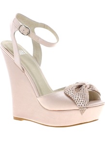 Ledge Satin Evening Wedges - predominant colour: nude; occasions: evening, occasion; material: satin; embellishment: crystals; ankle detail: ankle strap; heel: wedge; toe: open toe/peeptoe; style: slingbacks; finish: plain; pattern: plain; heel height: very high