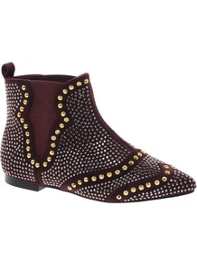 Audition Studded Ankle Boots - predominant colour: burgundy; secondary colour: gold; occasions: casual; material: fabric; heel height: flat; embellishment: studs; heel: standard; toe: pointed toe; boot length: ankle boot; style: standard; finish: plain; pattern: patterned/print