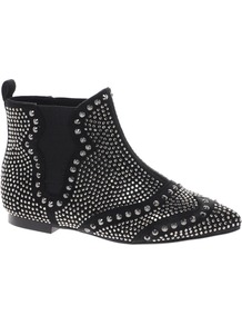 Audition Studded Ankle Boots - predominant colour: black; occasions: casual, evening; material: fabric; heel height: flat; embellishment: studs; heel: standard; toe: pointed toe; boot length: ankle boot; style: standard; finish: plain; pattern: patterned/print
