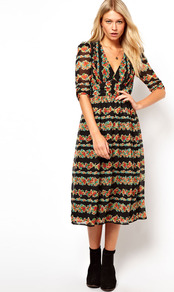 Midi Dress In Floral Stripe Print - style: shift; length: calf length; neckline: low v-neck; fit: fitted at waist; occasions: casual, evening; fibres: polyester/polyamide - 100%; predominant colour: multicoloured; sleeve length: 3/4 length; sleeve style: standard; texture group: silky - light; trends: high impact florals, statement prints; pattern type: fabric; pattern size: small & busy; pattern: florals