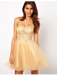 Lace Bandeau Prom Dress With Crystal Embellishment - length: mid thigh; neckline: strapless (straight/sweetheart); pattern: plain; style: prom dress; sleeve style: strapless; bust detail: added detail/embellishment at bust; waist detail: fitted waist; predominant colour: nude; occasions: evening, occasion; fit: fitted at waist & bust; fibres: polyester/polyamide - 100%; sleeve length: sleeveless; hip detail: ruffles/tiers/tie detail at hip; pattern type: fabric; texture group: net/tulle; embellishment: lace