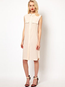 Jen Shirt Dress With Open Back - style: shirt; neckline: shirt collar/peter pan/zip with opening; pattern: plain; sleeve style: sleeveless; bust detail: pocket detail at bust; back detail: low cut/open back; predominant colour: nude; occasions: evening, holiday; length: on the knee; fit: straight cut; fibres: polyester/polyamide - 100%; sleeve length: sleeveless; texture group: sheer fabrics/chiffon/organza etc.; pattern type: fabric
