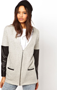 Cardigan With Zip And Pu Sleeves - neckline: low v-neck; sleeve style: raglan; pattern: plain; length: below the bottom; bust detail: buttons at bust (in middle at breastbone)/zip detail at bust; predominant colour: light grey; secondary colour: black; occasions: casual, work; style: standard; fibres: cotton - mix; fit: loose; sleeve length: long sleeve; texture group: knits/crochet; pattern type: knitted - fine stitch