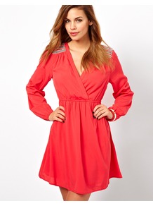 Wrap Detail Dress - style: faux wrap/wrap; length: mid thigh; neckline: low v-neck; fit: empire; pattern: plain; predominant colour: coral; occasions: evening, occasion; fibres: polyester/polyamide - 100%; hip detail: soft pleats at hip/draping at hip/flared at hip; shoulder detail: added shoulder detail; sleeve length: long sleeve; sleeve style: standard; texture group: sheer fabrics/chiffon/organza etc.; pattern type: fabric; embellishment: beading