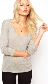 Forever Long Sleeve Top - neckline: low v-neck; pattern: plain; predominant colour: light grey; occasions: casual, work; length: standard; style: top; fibres: viscose/rayon - stretch; fit: body skimming; sleeve length: 3/4 length; sleeve style: standard; pattern type: fabric; texture group: jersey - stretchy/drapey