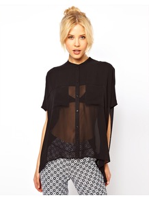 Blouse With Sheer Panels And Double Pockets - sleeve style: dolman/batwing; pattern: plain; length: below the bottom; style: shirt; bust detail: pocket detail at bust; predominant colour: black; occasions: casual, evening, work; neckline: collarstand; fibres: polyester/polyamide - 100%; fit: loose; back detail: longer hem at back than at front; sleeve length: half sleeve; texture group: sheer fabrics/chiffon/organza etc.; pattern type: fabric