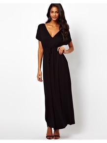Maxi Dress In Grecian Style - neckline: low v-neck; sleeve style: dolman/batwing; fit: empire; pattern: plain; style: maxi dress; length: ankle length; predominant colour: black; occasions: casual, evening, holiday; fibres: viscose/rayon - stretch; hip detail: soft pleats at hip/draping at hip/flared at hip; sleeve length: short sleeve; pattern type: fabric; texture group: jersey - stretchy/drapey