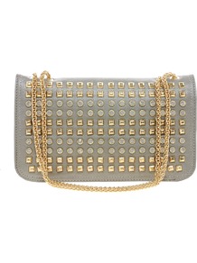 Studded Chain Shoulder Bag - predominant colour: sage; secondary colour: gold; occasions: evening, occasion; type of pattern: light; style: shoulder; length: shoulder (tucks under arm); size: small; material: faux leather; embellishment: studs; pattern: plain; finish: plain