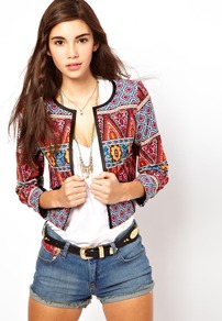 Jacket In Habernera Print - collar: round collar/collarless; length: cropped; style: boxy; occasions: casual; fit: straight cut (boxy); fibres: cotton - 100%; predominant colour: multicoloured; sleeve length: 3/4 length; sleeve style: standard; texture group: cotton feel fabrics; collar break: low/open; pattern type: fabric; pattern size: small & busy; pattern: patterned/print