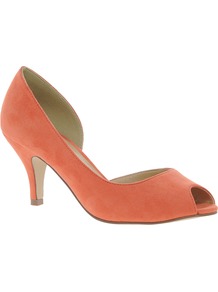 Sugar Cube Heels - predominant colour: bright orange; occasions: evening, work; material: faux leather; heel height: mid; heel: kitten; toe: open toe/peeptoe; style: courts; finish: plain; pattern: plain