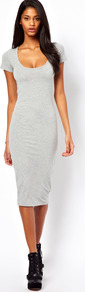 Midi Bodycon Dress With Short Sleeves - length: below the knee; fit: tight; pattern: plain; style: bodycon; predominant colour: light grey; occasions: casual, evening; neckline: scoop; fibres: cotton - stretch; sleeve length: short sleeve; sleeve style: standard; pattern type: fabric; texture group: other - clingy