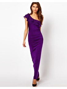 One Shoulder Maxi Dress With Ruffle Detail - pattern: plain; sleeve style: sleeveless; style: maxi dress; length: ankle length; waist detail: fitted waist; neckline: asymmetric; predominant colour: aubergine; occasions: evening; fit: body skimming; fibres: polyester/polyamide - mix; hip detail: ruching/gathering at hip; shoulder detail: asymmetric shoulder detail/one shoulder; sleeve length: sleeveless; bust detail: tiers/frills/bulky drapes/pleats; pattern type: fabric; texture group: other - stretchy
