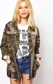 Skull Embroidered Camo Jacket - length: below the bottom; bust detail: added detail/embellishment at bust; fit: loose; style: parka; hip detail: front pockets at hip; collar: high neck; shoulder detail: contrast pattern/fabric at shoulder; back detail: contrast pattern/fabric at back; secondary colour: dark green; predominant colour: khaki; occasions: casual; fibres: cotton - 100%; sleeve length: 3/4 length; sleeve style: standard; texture group: cotton feel fabrics; trends: statement prints; collar break: high; pattern type: fabric; pattern size: big & busy; pattern: patterned/print; embellishment: embroidered