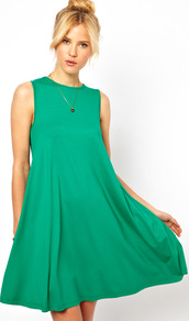 Sleeveless Swing Dress - style: smock; length: mid thigh; fit: loose; pattern: plain; sleeve style: sleeveless; predominant colour: emerald green; occasions: casual; fibres: viscose/rayon - stretch; neckline: crew; hip detail: soft pleats at hip/draping at hip/flared at hip; sleeve length: sleeveless; pattern type: fabric; texture group: jersey - stretchy/drapey