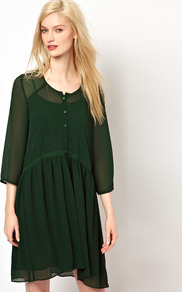 Double Layered Shirt Dress In Crepe - style: shirt; neckline: round neck; fit: loose; pattern: plain; bust detail: buttons at bust (in middle at breastbone)/zip detail at bust; predominant colour: dark green; occasions: casual; length: just above the knee; fibres: polyester/polyamide - 100%; sleeve length: 3/4 length; sleeve style: standard; texture group: sheer fabrics/chiffon/organza etc.; pattern type: fabric