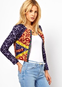 Jacket In Mix Print With Tape Detail - collar: round collar/collarless; length: cropped; style: boxy; predominant colour: navy; secondary colour: nude; fit: straight cut (boxy); fibres: cotton - 100%; sleeve length: long sleeve; sleeve style: standard; texture group: cotton feel fabrics; collar break: low/open; pattern type: fabric; pattern size: big & busy; pattern: patterned/print