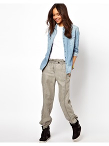Trousers With Stitch Detail - length: standard; pattern: plain; style: tracksuit pants; waist: mid/regular rise; predominant colour: stone; occasions: casual; fibres: cotton - 100%; waist detail: paperbag waist; texture group: cotton feel fabrics; fit: straight leg; pattern type: fabric