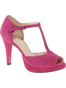 Baby T Bar Heeled Shoes - predominant colour: hot pink; occasions: evening, work, occasion; material: suede; heel height: high; ankle detail: ankle strap; heel: platform; toe: open toe/peeptoe; style: t-bar; finish: plain; pattern: plain