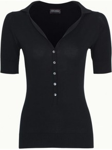 Britney In Black - neckline: low v-neck; pattern: plain; waist detail: fitted waist; bust detail: buttons at bust (in middle at breastbone)/zip detail at bust; predominant colour: black; occasions: casual, work; length: standard; style: top; fibres: cotton - 100%; fit: body skimming; sleeve length: short sleeve; sleeve style: standard; texture group: jersey - clingy; pattern type: fabric; pattern size: standard