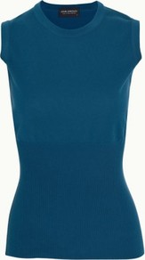 Amanda In Marine - pattern: plain; sleeve style: sleeveless; neckline: high neck; predominant colour: teal; occasions: casual, work, holiday; length: standard; style: top; fibres: cotton - 100%; fit: body skimming; texture group: knits/crochet; pattern type: knitted - other; pattern size: standard