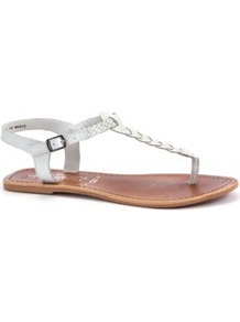 White Plaited Leather Sandals - predominant colour: white; occasions: casual, holiday; material: leather; heel height: flat; ankle detail: ankle strap; heel: standard; toe: toe thongs; style: flip flops / toe post; finish: plain; pattern: plain; embellishment: pleated