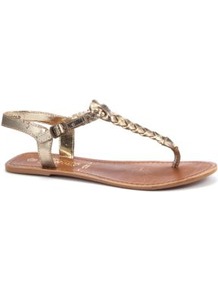Gold Plaited Leather Sandals - predominant colour: gold; occasions: casual, holiday; material: faux leather; heel height: flat; ankle detail: ankle strap; heel: standard; toe: toe thongs; style: flip flops / toe post; trends: metallics; finish: metallic; pattern: plain
