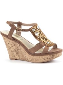 Tan Bead Embellished T Bar Cork Wedges - predominant colour: camel; occasions: casual, evening, occasion, holiday; material: fabric; heel height: high; embellishment: beading; ankle detail: ankle strap; heel: wedge; toe: open toe/peeptoe; style: standard; finish: plain; pattern: plain