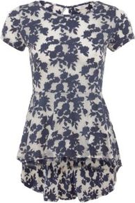 Navy Floral Silhouette Dip Hem Peplum T Shirt - length: below the bottom; waist detail: peplum waist detail; secondary colour: ivory; predominant colour: navy; occasions: casual; style: top; fibres: cotton - 100%; fit: body skimming; neckline: crew; back detail: longer hem at back than at front; sleeve length: short sleeve; sleeve style: standard; pattern type: fabric; pattern size: small & busy; pattern: florals; texture group: jersey - stretchy/drapey