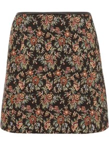 Black Floral Tapestry Mini Skirt - length: mini; fit: loose/voluminous; hip detail: fitted at hip; waist: mid/regular rise; occasions: casual, evening, work, holiday; style: a-line; fibres: polyester/polyamide - mix; waist detail: narrow waistband; predominant colour: multicoloured; trends: high impact florals; pattern type: fabric; pattern size: big & busy; pattern: florals; texture group: other - light to midweight; embellishment: embroidered