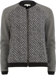 Contrast Cross Bomber Jacket - collar: round collar/collarless; shoulder detail: contrast pattern/fabric at shoulder; style: bomber; predominant colour: mid grey; secondary colour: black; occasions: casual; length: standard; fit: straight cut (boxy); fibres: polyester/polyamide - 100%; sleeve length: long sleeve; sleeve style: standard; texture group: cotton feel fabrics; collar break: high; pattern type: fabric; pattern size: small & light; pattern: patterned/print