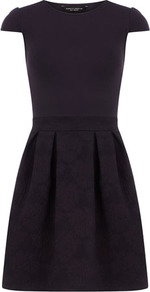 Ink Embossed Dress - sleeve style: capped; waist detail: fitted waist; predominant colour: aubergine; occasions: casual, evening; length: just above the knee; fit: fitted at waist & bust; style: fit & flare; fibres: cotton - stretch; neckline: crew; sleeve length: short sleeve; pattern type: fabric; pattern: patterned/print; texture group: jersey - stretchy/drapey