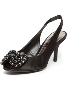 Black Gem Bow Slingback Courts - predominant colour: black; occasions: evening, occasion; material: suede; heel height: mid; heel: stiletto; toe: round toe; style: slingbacks; finish: plain; pattern: plain; embellishment: bow