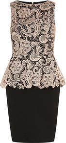 Champagne Lace Peplum Dress - style: shift; neckline: slash/boat neckline; fit: tailored/fitted; pattern: plain; sleeve style: sleeveless; waist detail: peplum waist detail; predominant colour: ivory; secondary colour: black; occasions: evening, occasion; length: just above the knee; fibres: polyester/polyamide - 100%; sleeve length: sleeveless; texture group: lace; trends: glamorous day shifts; pattern type: fabric