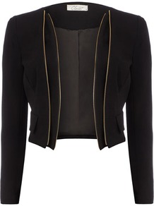 Black Zip Detail Jacket - pattern: plain; style: single breasted blazer; length: cropped; collar: standard lapel/rever collar; predominant colour: black; occasions: evening, work, occasion; fit: tailored/fitted; fibres: cotton - stretch; sleeve length: long sleeve; sleeve style: standard; texture group: cotton feel fabrics; collar break: low/open; pattern type: fabric