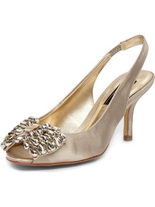 Dp Occasion Gold Gem Bow Slingback Courts - predominant colour: gold; occasions: evening, occasion; material: satin; heel height: mid; heel: stiletto; toe: open toe/peeptoe; style: slingbacks; trends: metallics; finish: metallic; pattern: plain; embellishment: bow